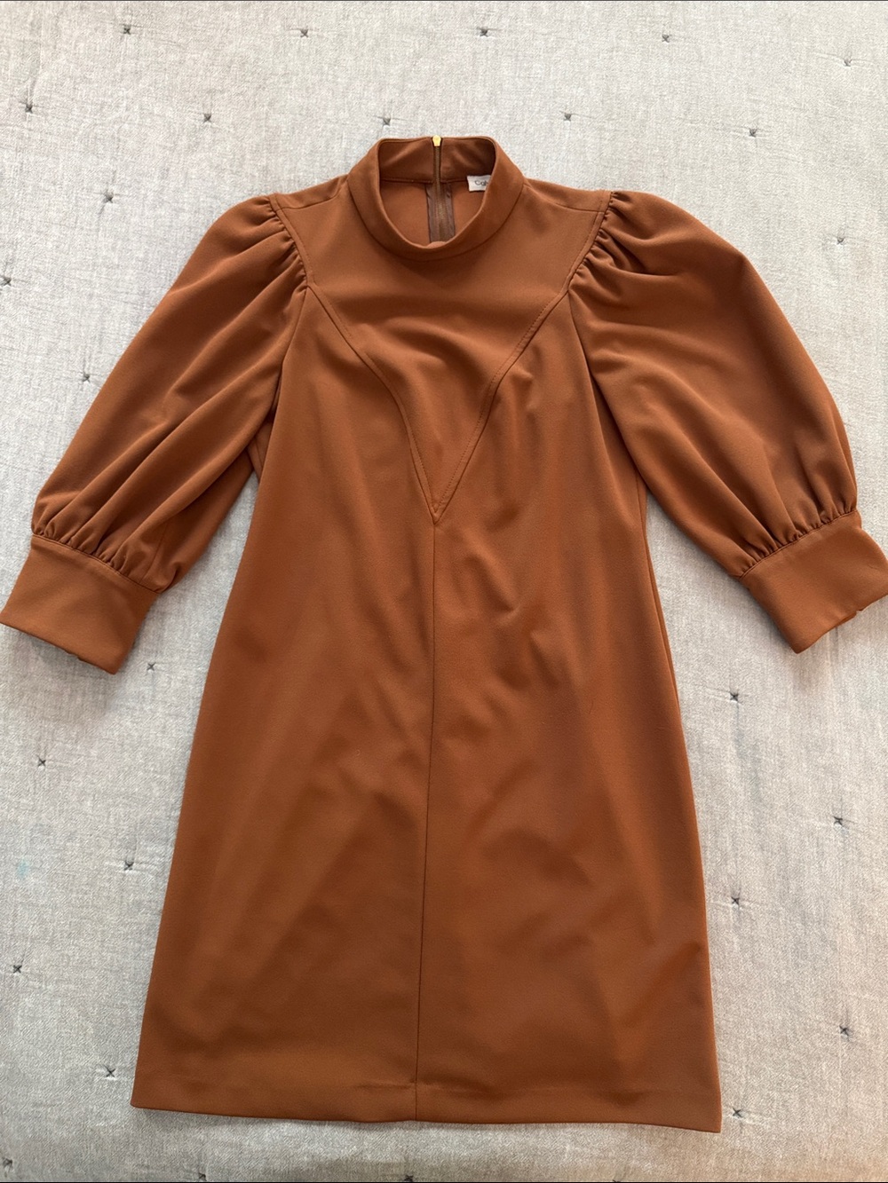 Calvin Klein Puff Sleeve Mock Neck Dress in Rust Brown